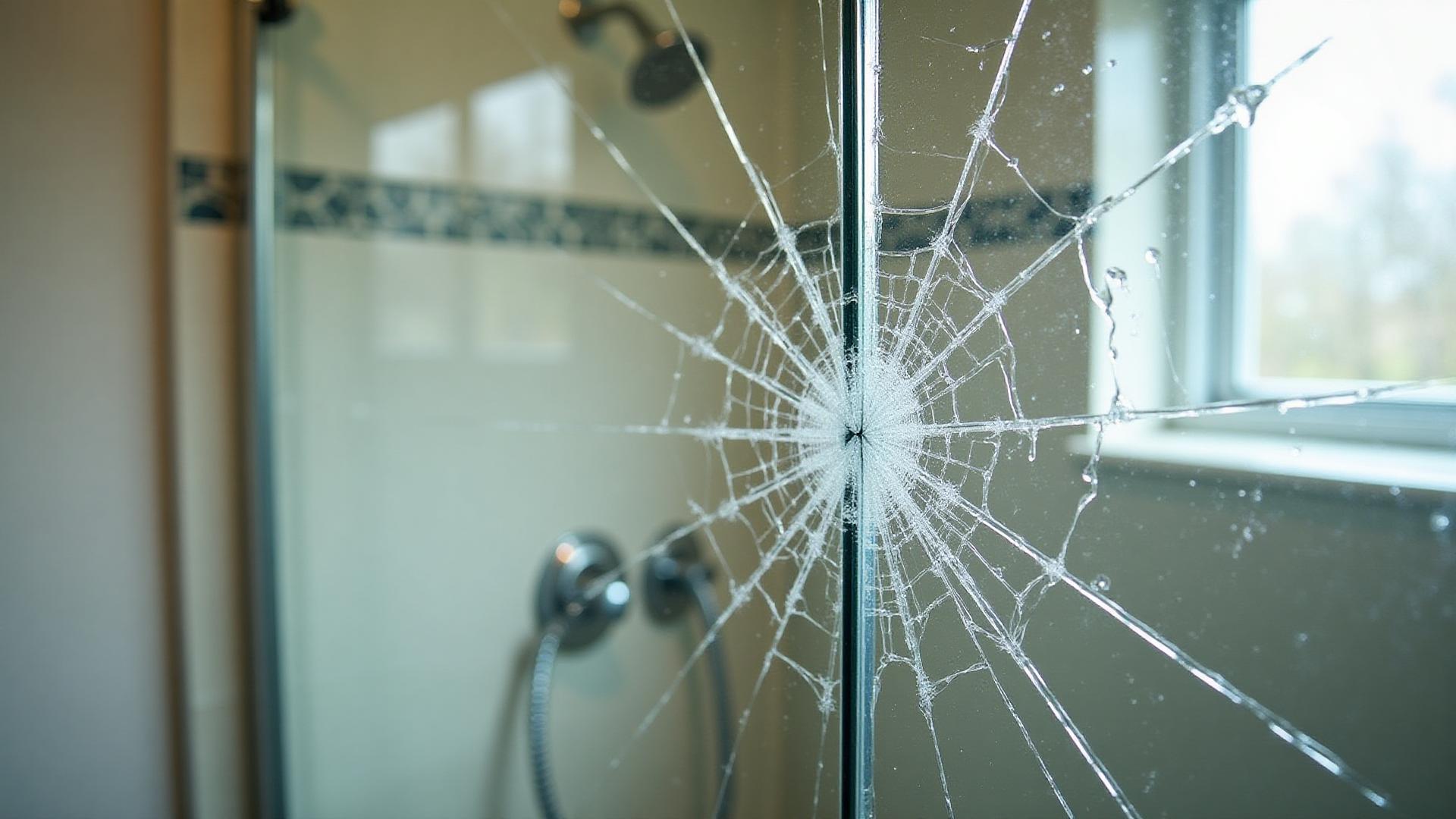 Damaged shower door glass panel awaiting replacement in a Las Vegas home