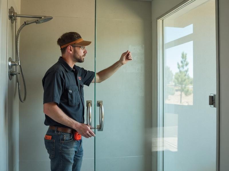 Professional shower door installation showing precise measurement and installation techniques